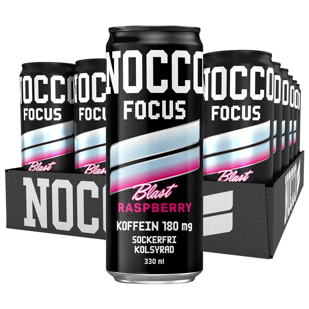 24 x NOCCO FOCUS 3 330 ml Raspberry Blast mustat tölkit mustassa laatikossa vaaleansinisin ja pinkein yksityiskohdin., kuva 1/1