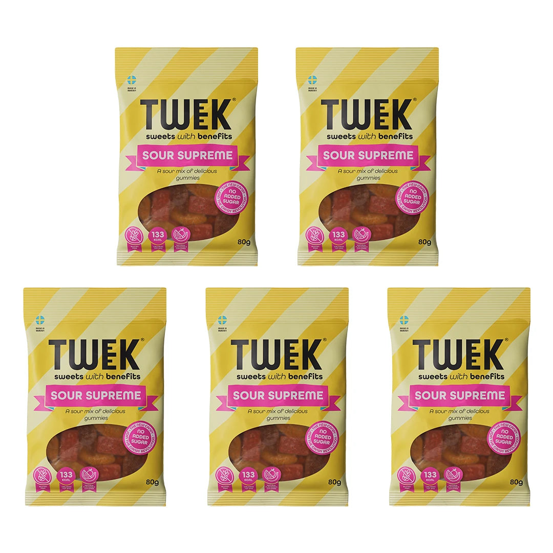 Viisi pussia 5 x Tweek Sweets 80 g Sour Supreme -karkkeja kelta-valkoraitaisella kuviolla ja pinkeillä yksityiskohdilla., kuva 1/1