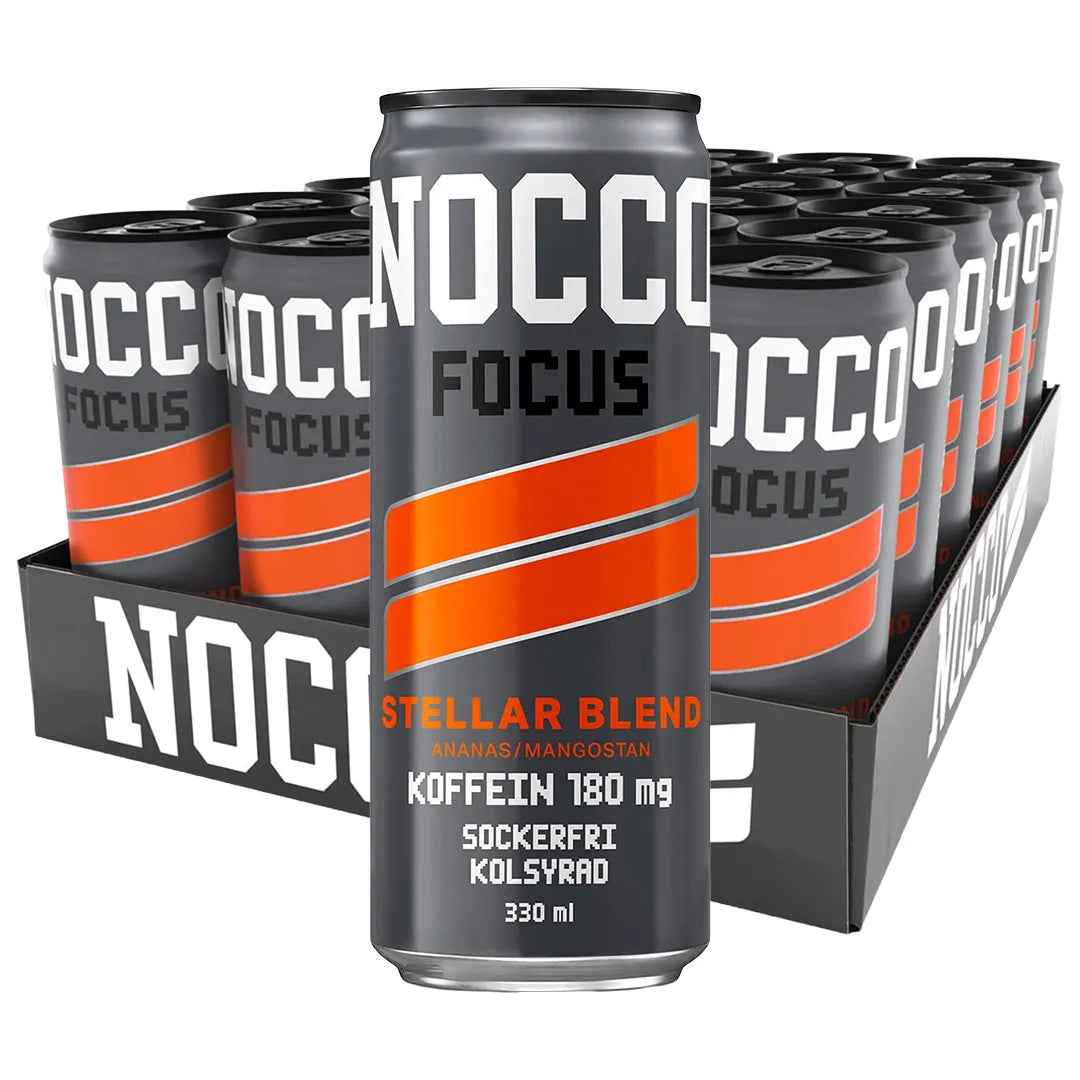 24 x NOCCO FOCUS 330 ml Stellar Blend -energiajuomaa mustassa laatikossa mustilla ja oransseilla tölkeillä., kuva 1/1