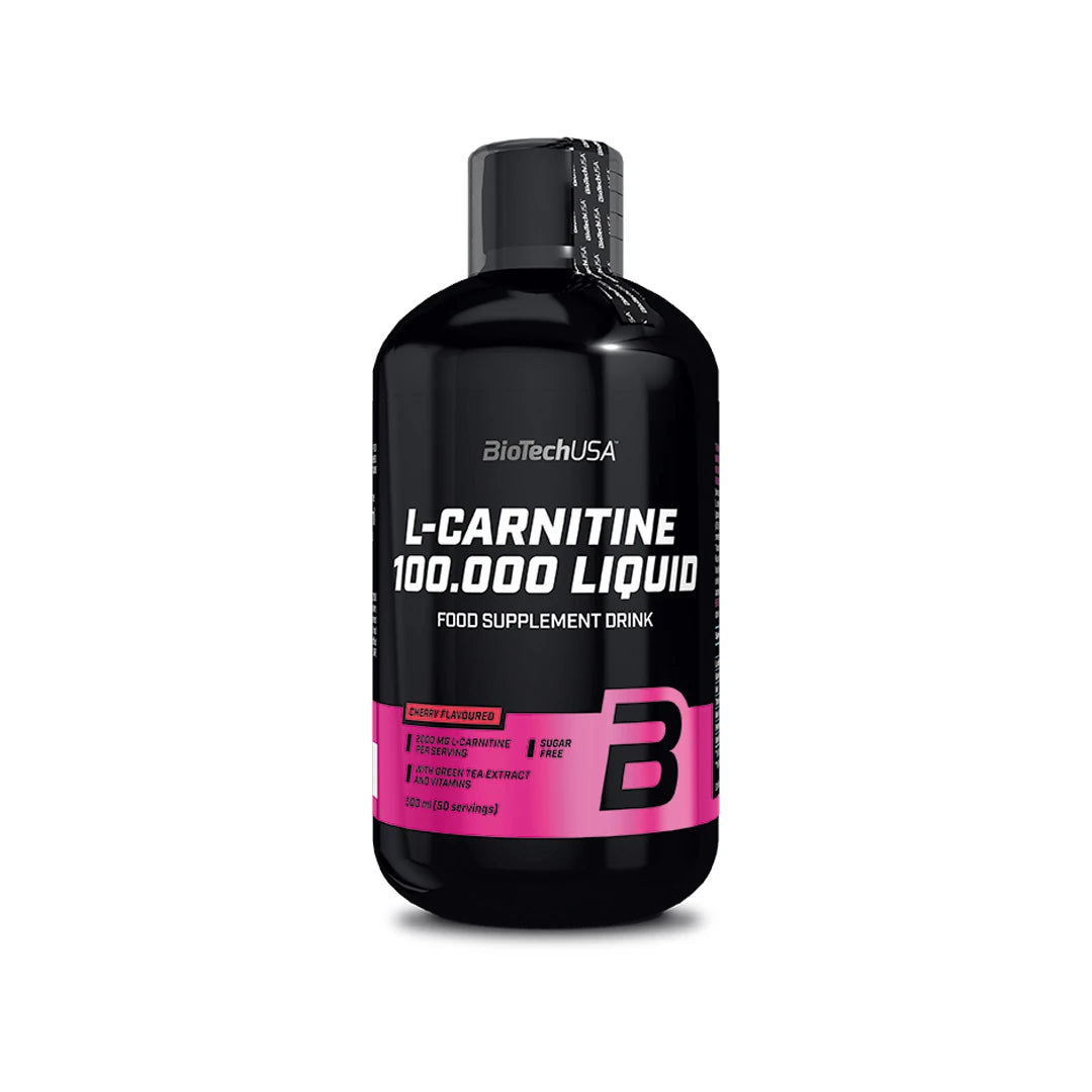 BioTechUSA L-Carnitine 100.000 Liquid 500 ml mustassa pullossa pinkeillä yksityiskohdilla, makuna Cherry., kuva 3/3
