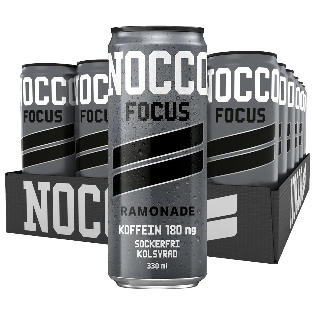 24 x NOCCO Focus 330 ml Ramonade mustassa laatikossa, jossa on tummanharmaita energiajuomatölkkejä ja mustia raitoja., kuva 1/1