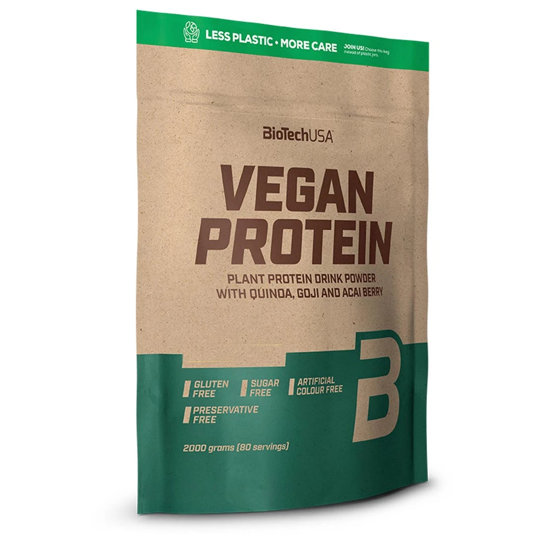 BioTechUSA Vegan Protein 2 kg paperimaisessa pussissa, jossa on vihreitä yksityiskohtia ja tekstiä vähemmästä muovista., kuva 1/1