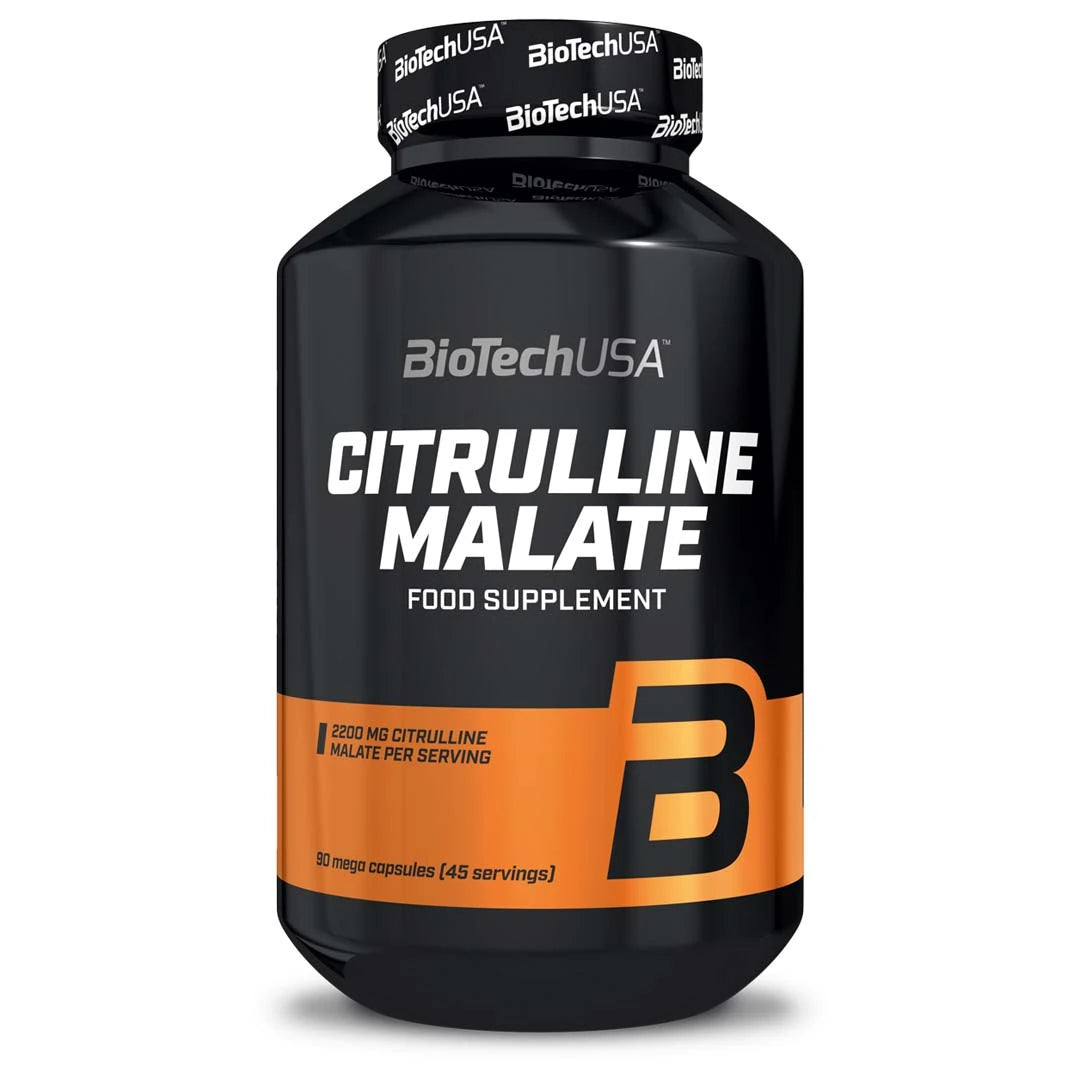BioTechUSA Citrulline Malate 90 caps -ravintolisä mustassa purkissa, jossa on oransseja yksityiskohtia., kuva 1/1