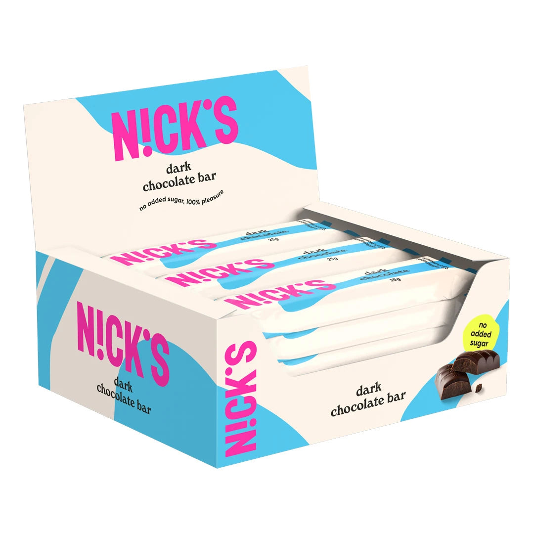 15 x Nicks Dark Chocolate 25 g valkoisessa ja vaaleansinisessä laatikossa täynnä suklaapatukoita.