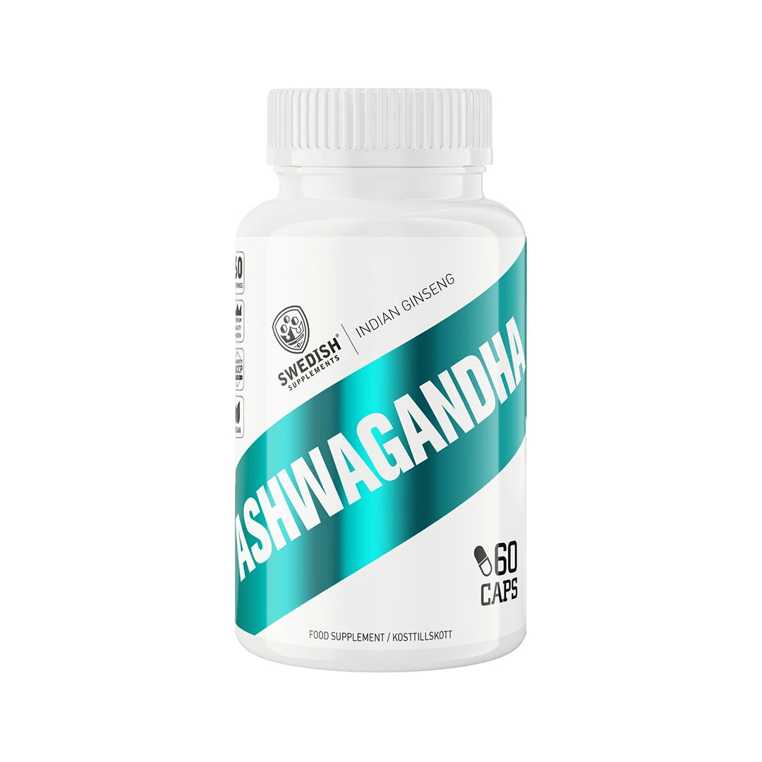 Swedish Supplements Ashwagandha 60 caps kosttillskott i en vit burk med turkosa och svarta detaljer., bild 1 av 1