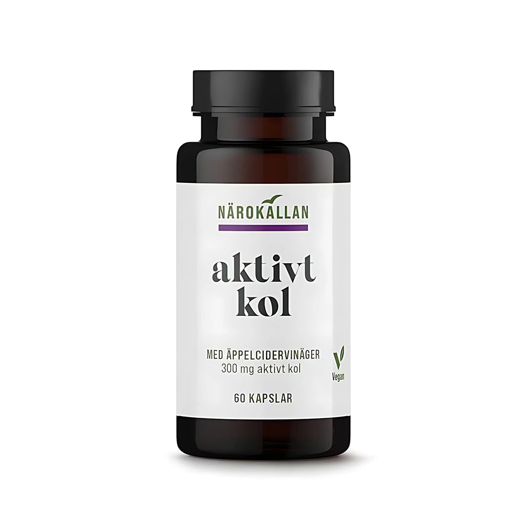 Närokällan Aktivt kol + Äppelcidervinäger 60 caps tummassa purkissa valkoisella etiketillä., kuva 1/1