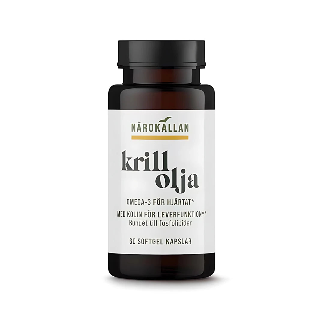 Närokällan Krillolja 60 caps -omega-3-ravintolisä tummanruskeassa purkissa valkoisella etiketillä ja mustalla kannella., kuva 1/1