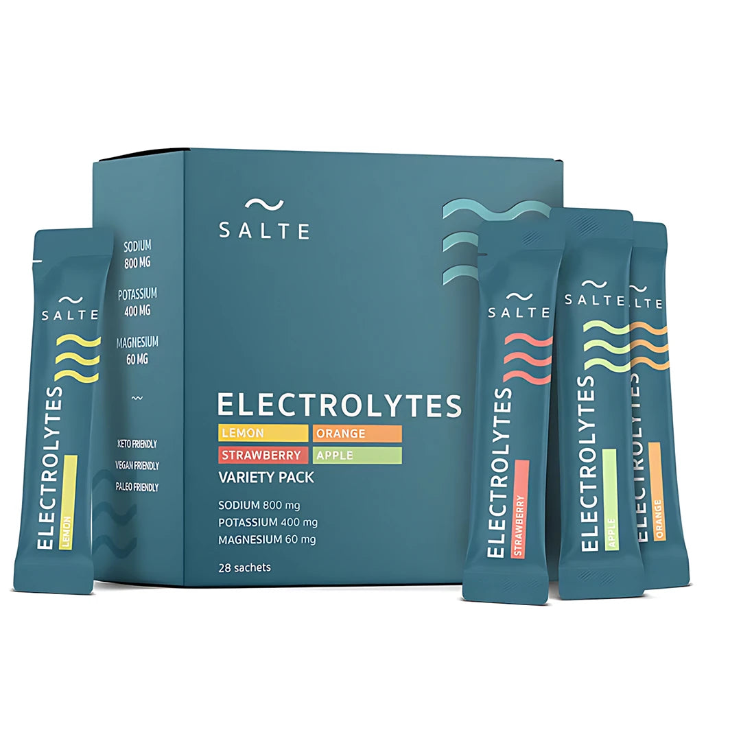 Salte Elektrolyter Variety 28-pack förpackad i en blågrön box tillsammans med fyra dospåsar i olika smaker., bild 1 av 1