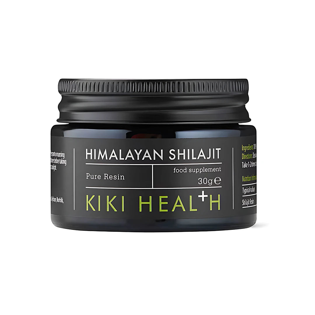 KIKI Health Himalayan Shilajit 30 g tummassa lasipurkissa, jossa musta kansi ja musta etiketti vihreillä yksityiskohdilla.