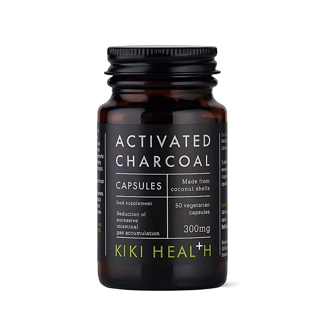 KIKI Health Activated Charcoal 50 caps tummassa lasipurkissa, jossa on musta etiketti ja valkoisia yksityiskohtia., kuva 1/1