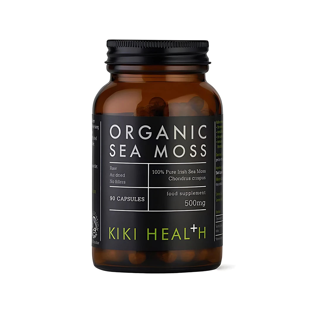 KIKI Health Organic Irish Sea Moss 90 caps tummassa lasipurkissa mustalla etiketillä.