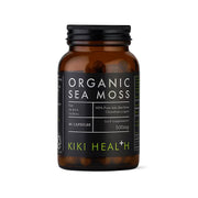 KIKI Health Organic Irish Sea Moss 90 caps i en mörk glasburk med svart etikett.