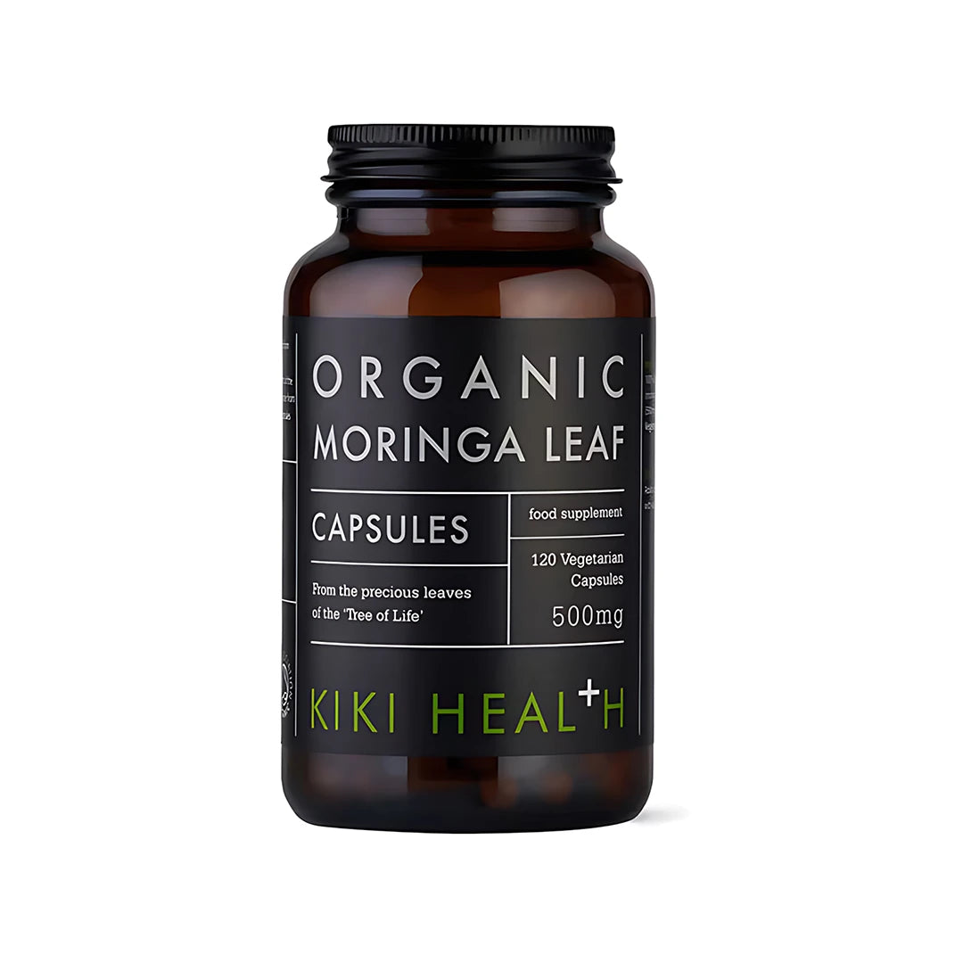 KIKI Health Organic Moringa Leaf 120 caps tummanruskeassa purkissa, jossa on musta etiketti.
