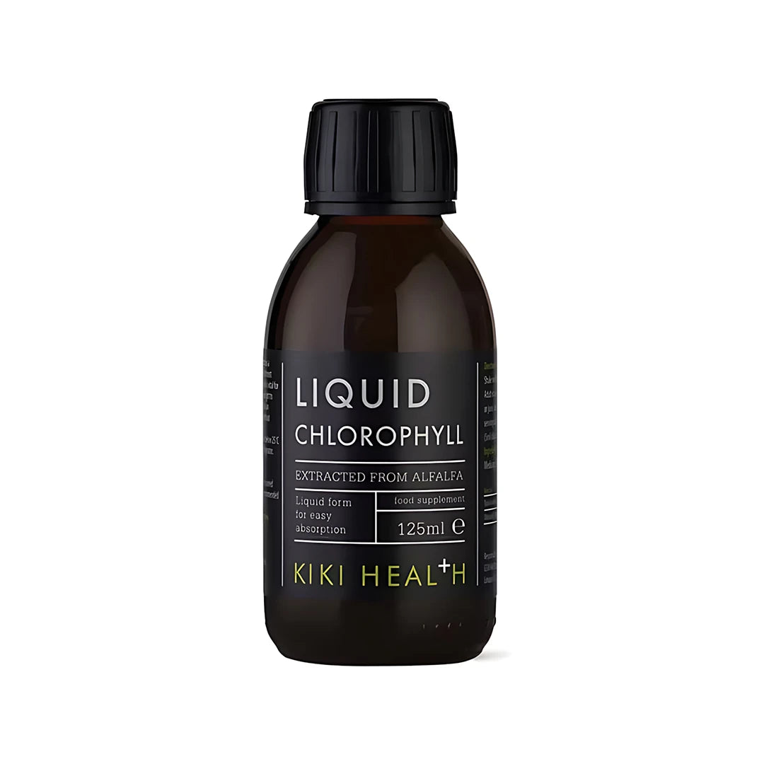 KIKI Health Liquid Chlorophyll 125 ml nestemäinen klorofylli tummassa pullossa mustalla etiketillä., kuva 1/1