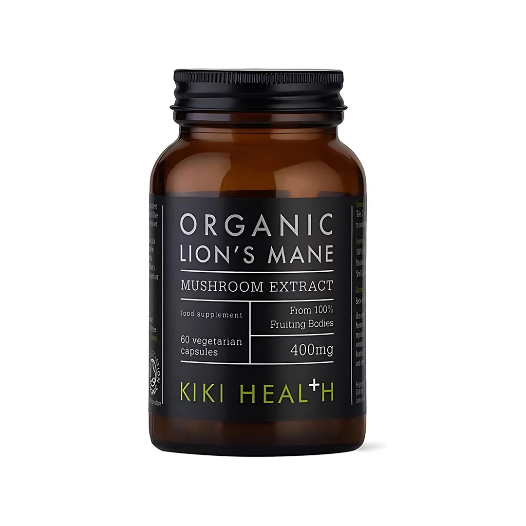 KIKI Health Organic Lions Mane Extract 60 kapselia ruskeassa lasipurkissa, jossa on musta etiketti ja kansi.