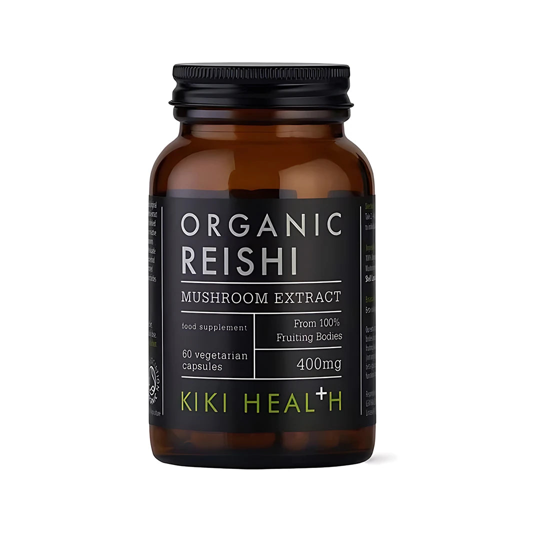 KIKI Health Organic Reishi Extract 60 kapselin sieniuute ruskeassa lasipurkissa mustalla etiketillä.