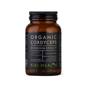 KIKI Health Organic Cordyceps Extract 60 caps tummanruskeassa lasipurkissa mustalla etiketillä ja kannella.