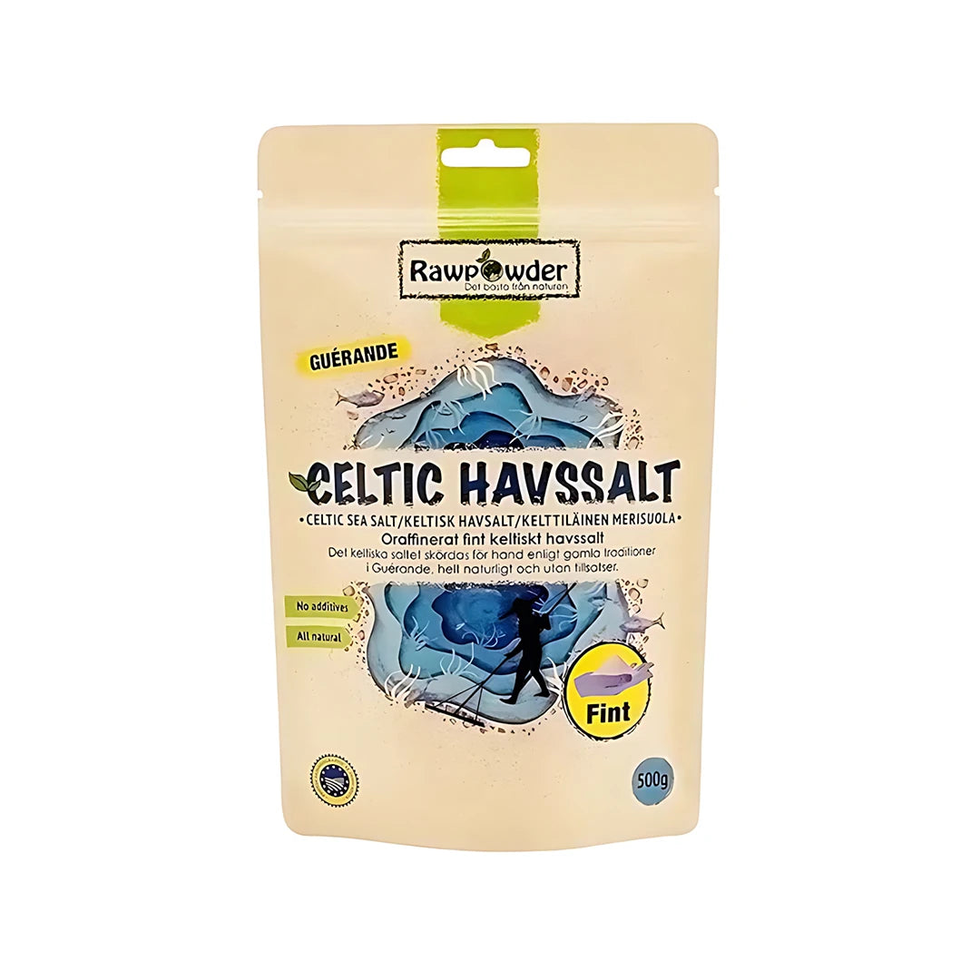 Rawpowder Celtic Havssalt Fint 500 g beigessä pussissa, jossa on sininen meriaihe., kuva 1/1