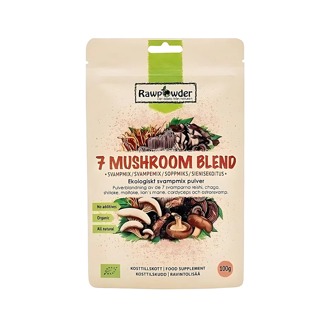 Rawpowder Mushroom Blend 100 g -luomusienijauhe beigessä pussissa, jossa on sienikuvituksia., kuva 1/1