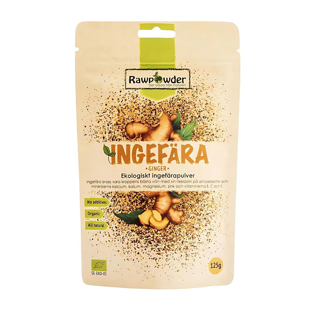 Rawpowder Ingefära pulver 125 g beigessä pussissa, jossa on vihreitä yksityiskohtia ja inkiväärin kuvitus., kuva 1/1