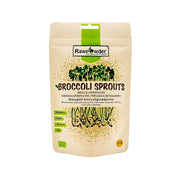 Rawpowder Broccoligroddar pulver 115 g i en beige påse med gröna detaljer och broccoligroddar.