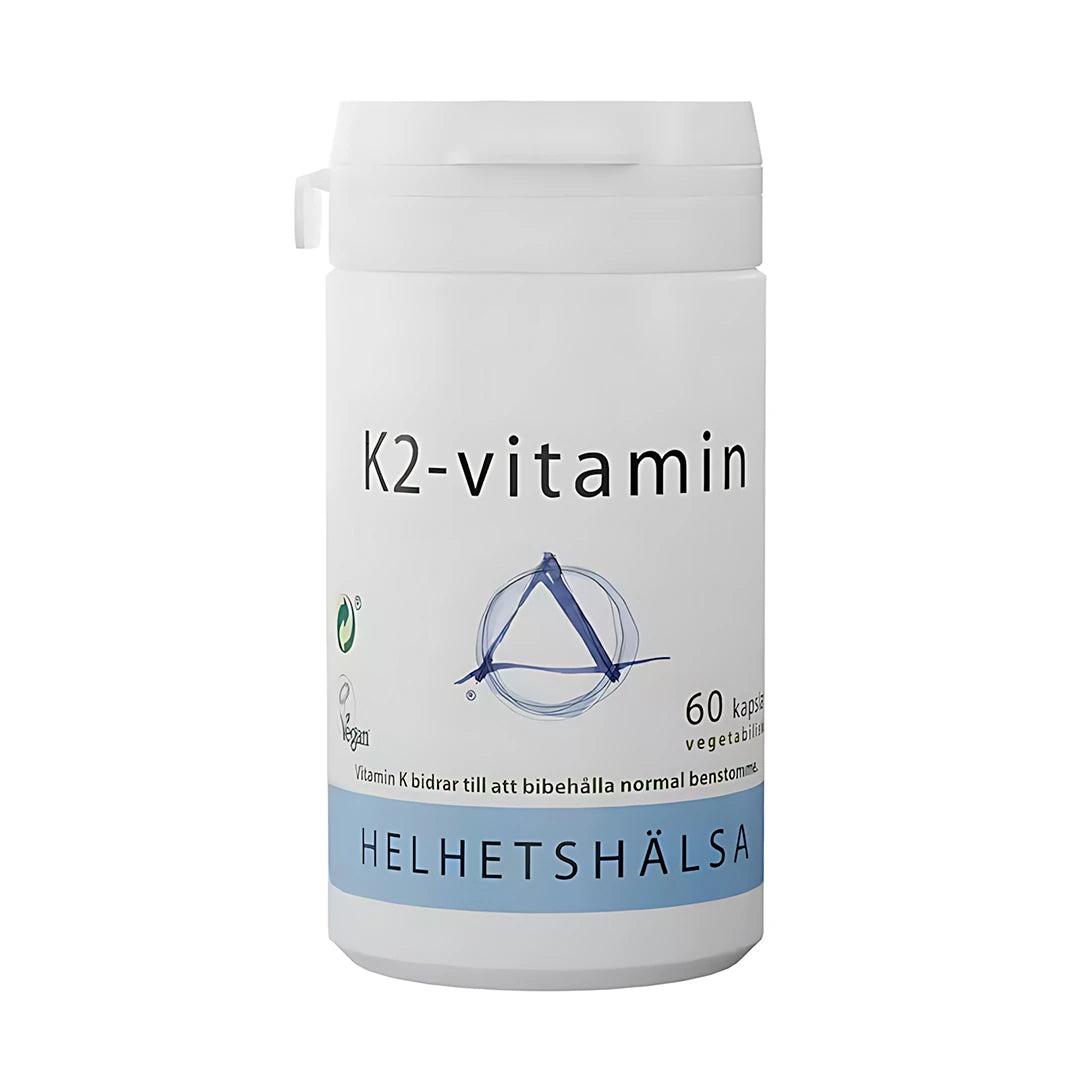 Helhetshälsa K2 Vitamin 60 caps valkoisessa muovipurkissa tyylikkäillä tumman- ja vaaleansinisillä yksityiskohdilla., kuva 1/1
