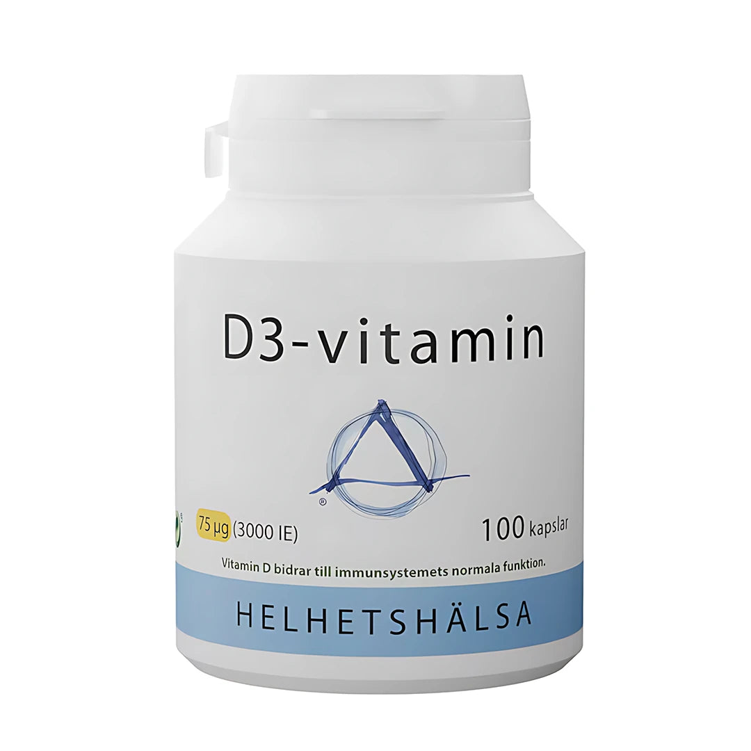 Helhetshälsa D3-Vitamin 75 µg 100 caps valkoisessa purkissa sinisillä yksityiskohdilla., kuva 1/1