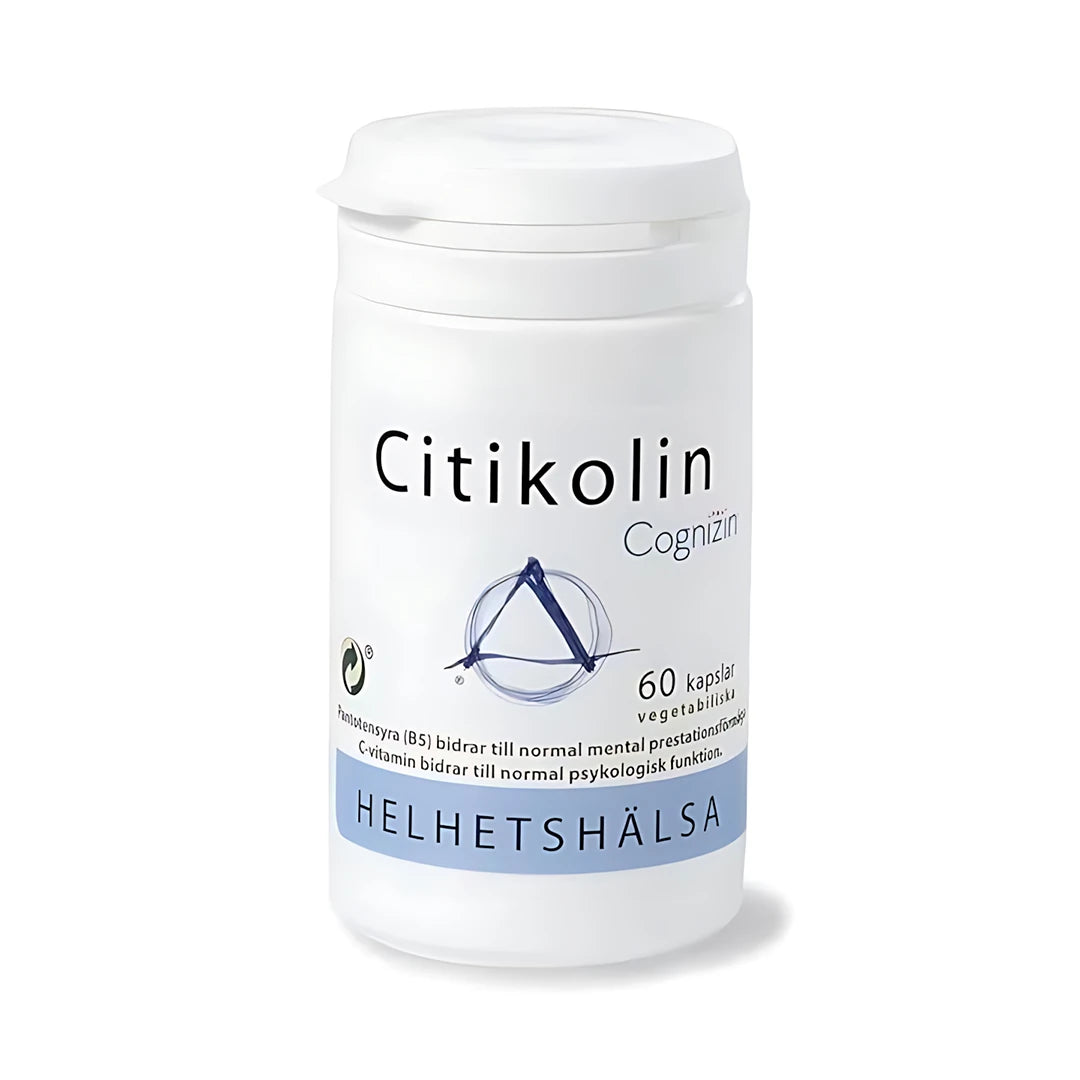Helhetshälsa Citikolin 60 caps, valkoinen muovipurkki sinisillä ja mustilla teksteillä., kuva 1/1