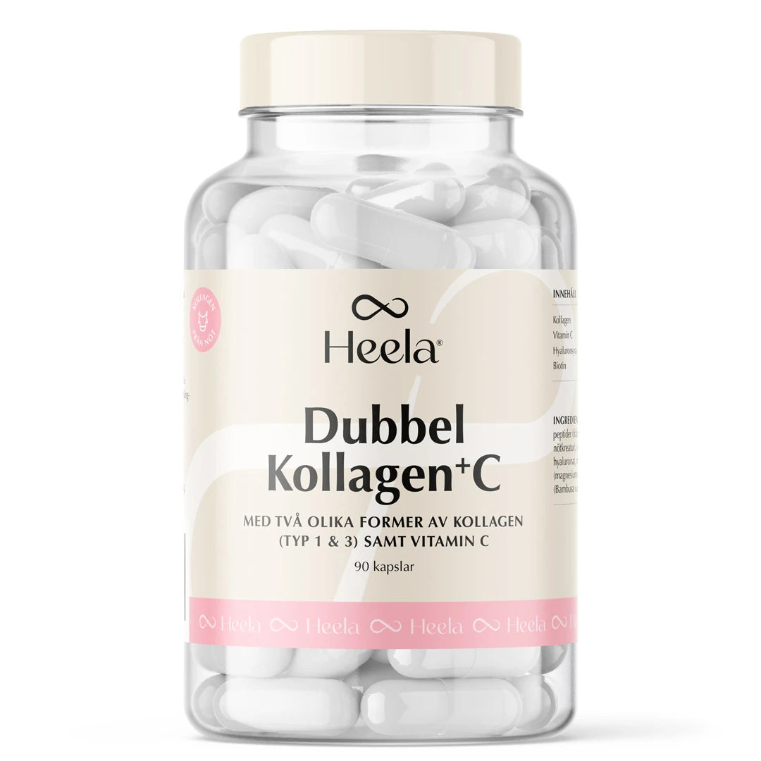 Heela Dubbel Kollagen + C 90 caps läpinäkyvässä purkissa valko-beigellä etiketillä, täynnä valkoisia kapseleita., kuva 1/1
