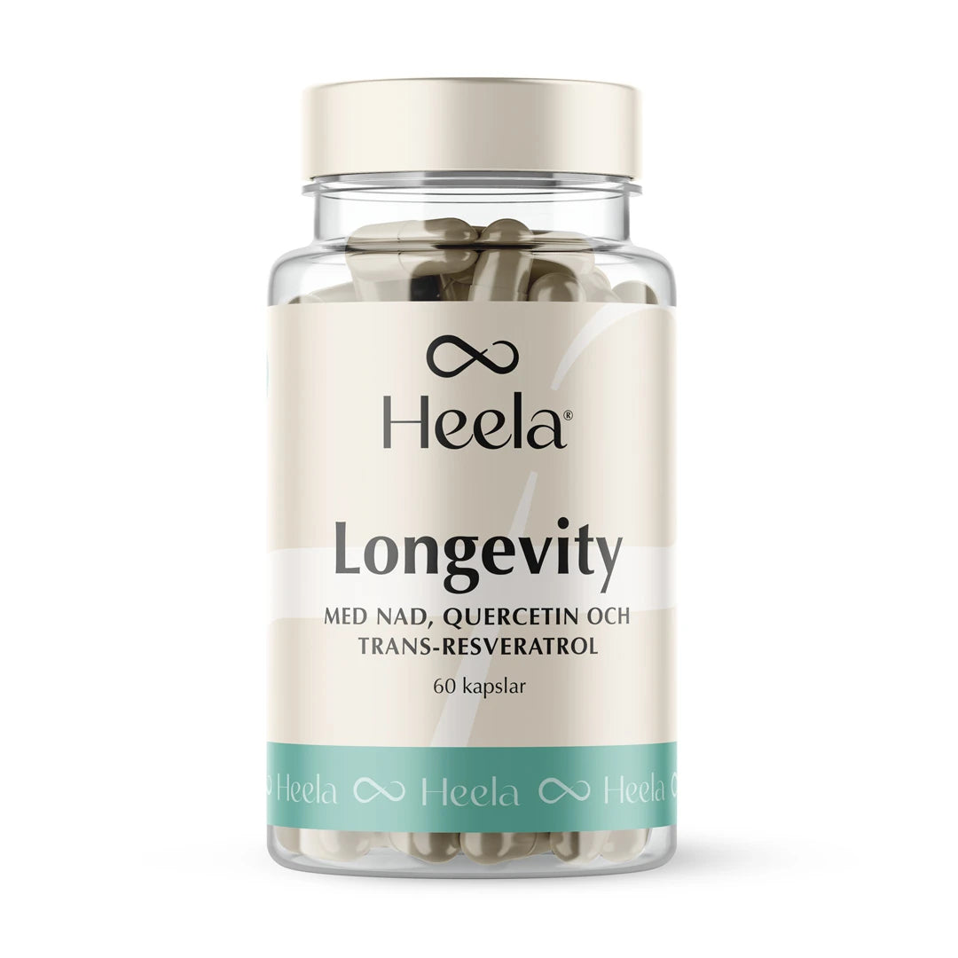 Heela Longevity 60 caps -ravintolisä läpinäkyvässä muovipurkissa, jossa on beige etiketti ja turkooseja yksityiskohtia., kuva 1/1