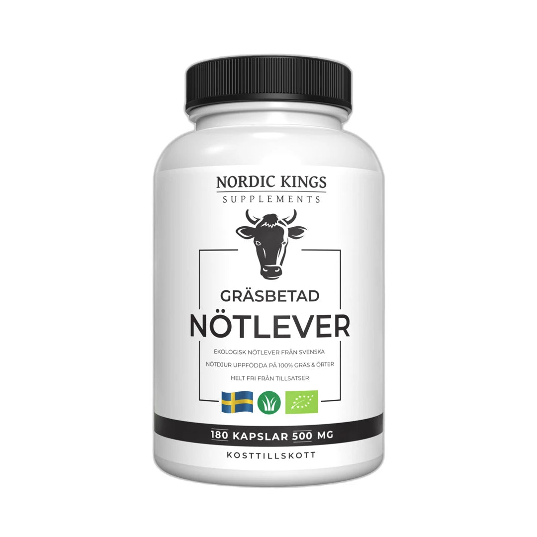 Nordic Kings Gräsbetad Nötlever EKO 180 caps valkoisessa purkissa, jossa on musta kansi ja lehmäkuvioitu etiketti., kuva 1/1