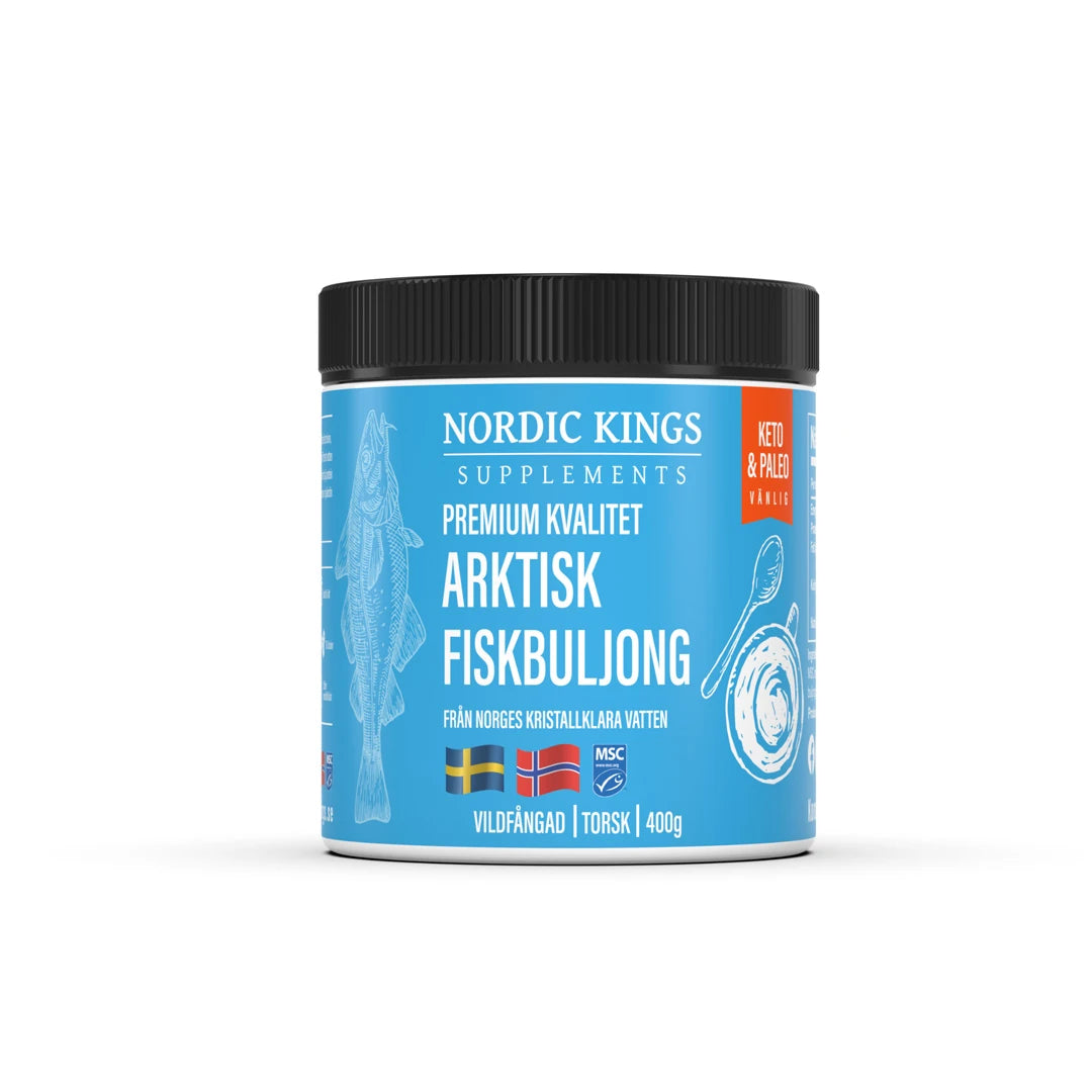 Nordic Kings Arktisk Fiskbuljong Premium MSC 400 g sinisellä etiketillä varustetussa mustakantisessa purkissa., kuva 1/1