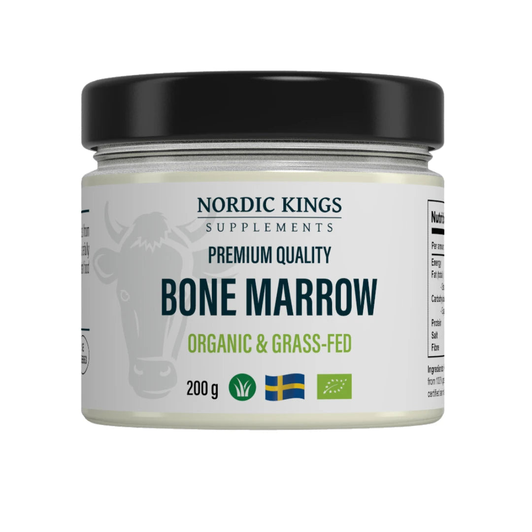 Nordic Kings Premium Bone Marrow EKO 200 g lasipurkissa, jossa on musta kansi ja valkoinen etiketti., kuva 1/1