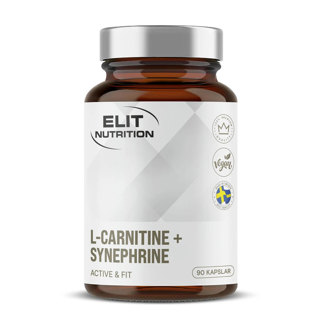 Tummanruskea Elit Nutrition Thermo L-carnitine + Synephrine -ravintolisäpurkki hopeakannella ja valkoisella etiketillä., kuva 1/1