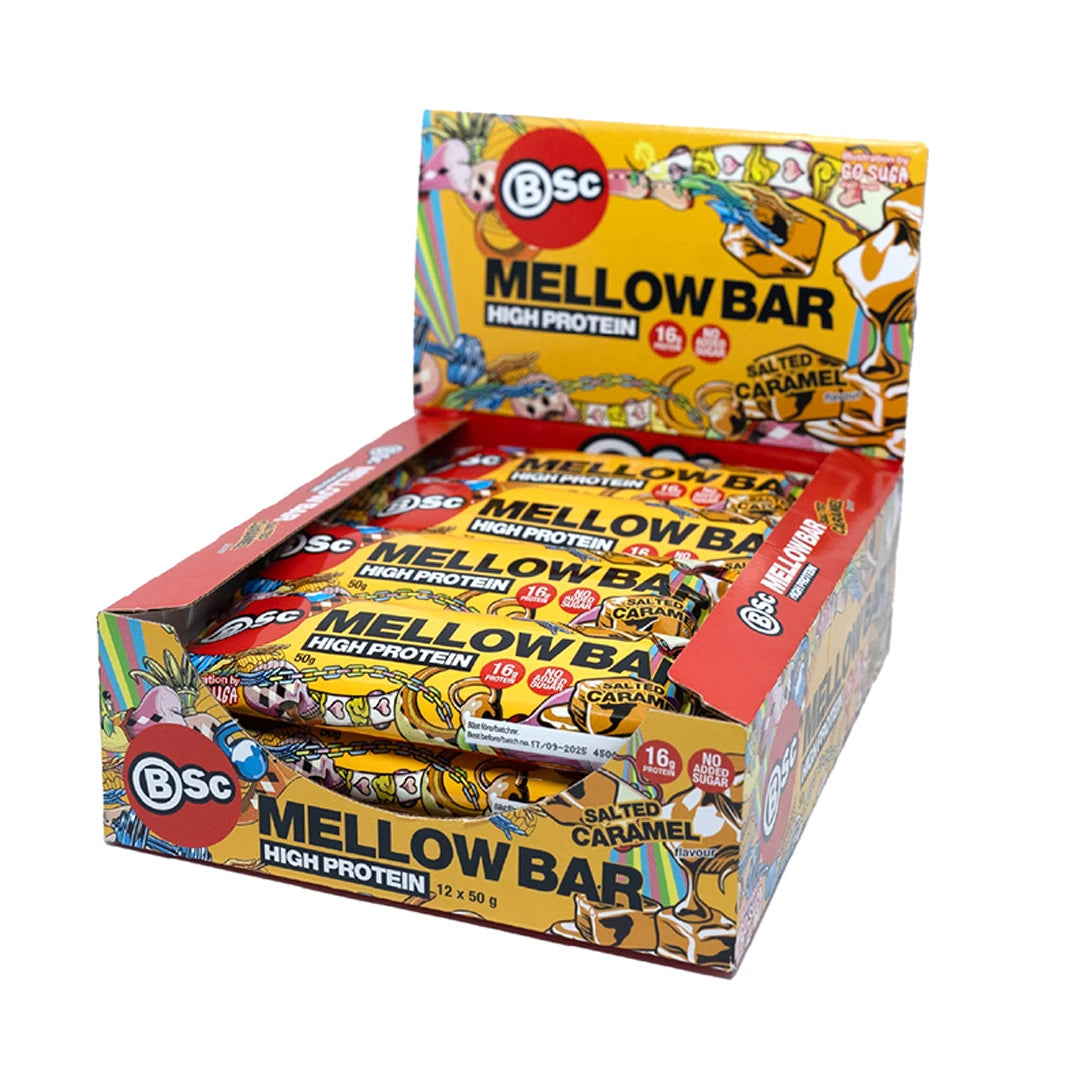 12 x BSc Mellow Bar 50 g Salted Caramel värikkäässä esittelylaatikossa., kuva 1/1