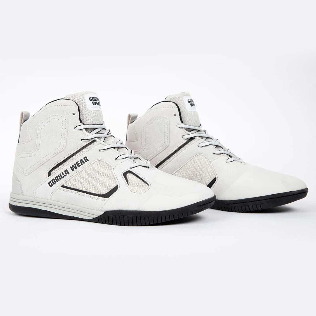 Gorilla Wear Troy High Tops White, valkoiset korkeavartiset mokkatreenikengät mustilla yksityiskohdilla., kuva 3/7