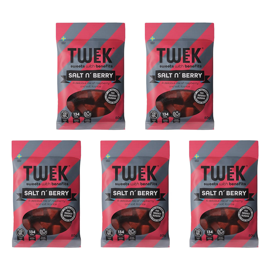 5 x Tweek Sweets 80 g Salt n' Berry viidessä harmaa-vaaleanpunaisessa karkkipussissa mustilla yksityiskohdilla., kuva 1/1