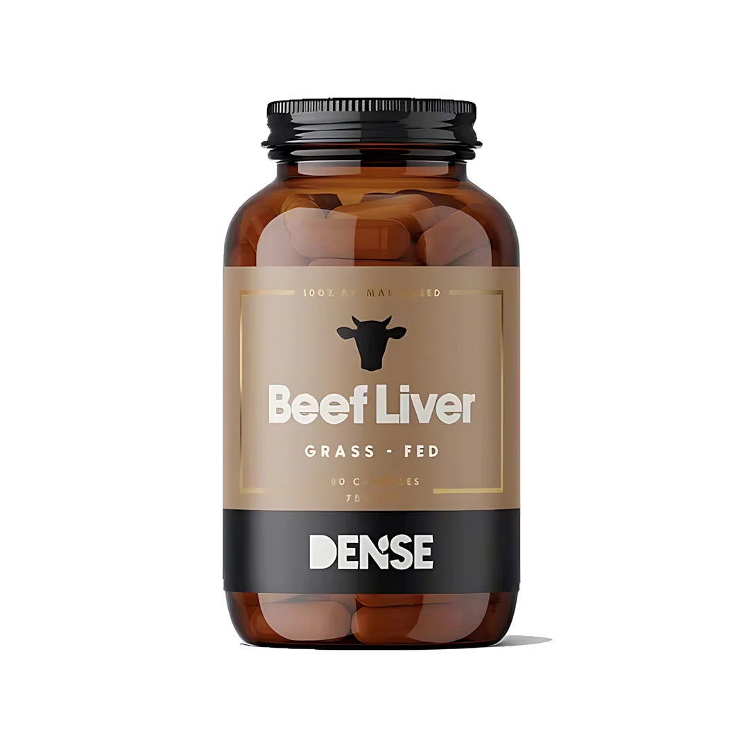 Dense Beef Liver 180 caps -naudanmaksakapselit ruskeassa mustakantisessa purkissa, jonka etiketissä on lehmäsiluetti., kuva 1/1