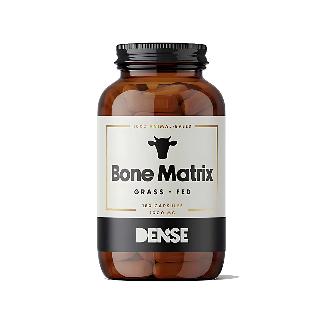 Dense Bone Matrix 180 caps -kalsiumlisä tummanruskeassa purkissa, jossa on mustavalkoinen etiketti kultayksityiskohdilla., kuva 1/1