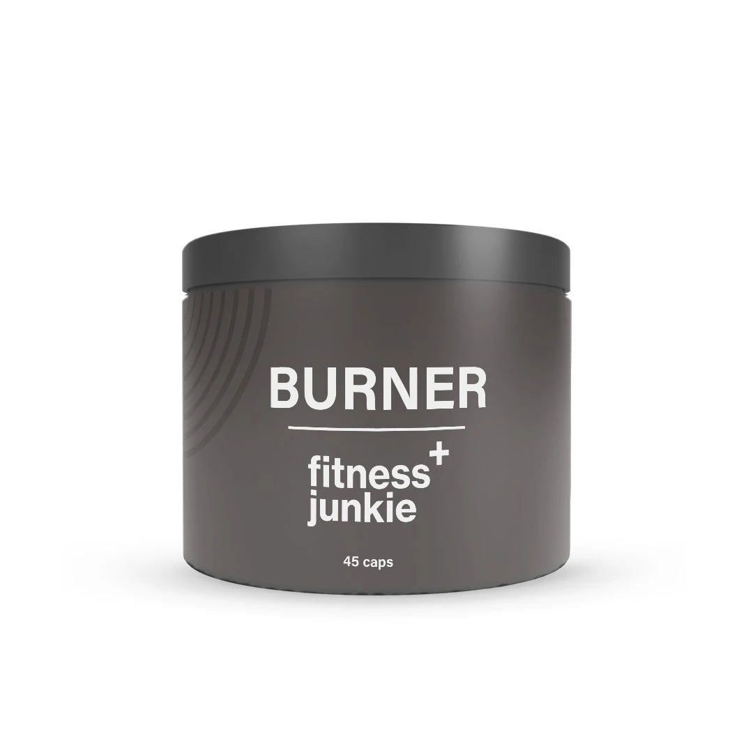 fitnessjunkie Burner 45 caps -rasvanpolttaja tummanharmaassa purkissa valkoisella tekstillä., kuva 1/1