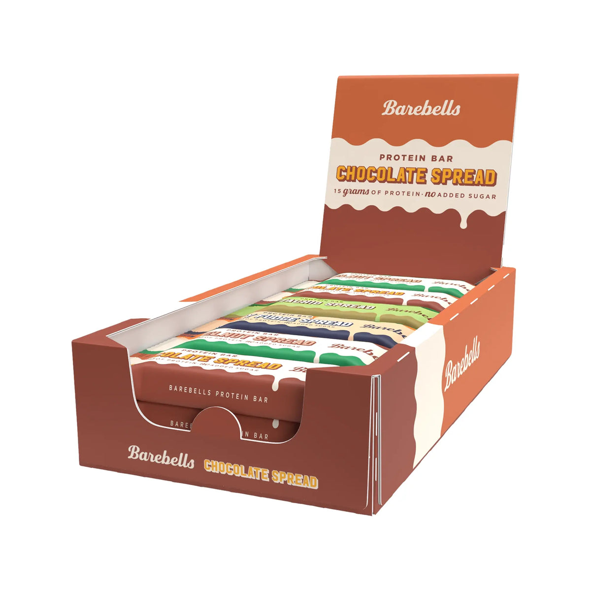12 x Barebells Protein Bar Spread 45 g Mixlåda ruskeassa ja oranssissa esittelypakkauksessa täynnä eri makuisia proteiinipatukoita.