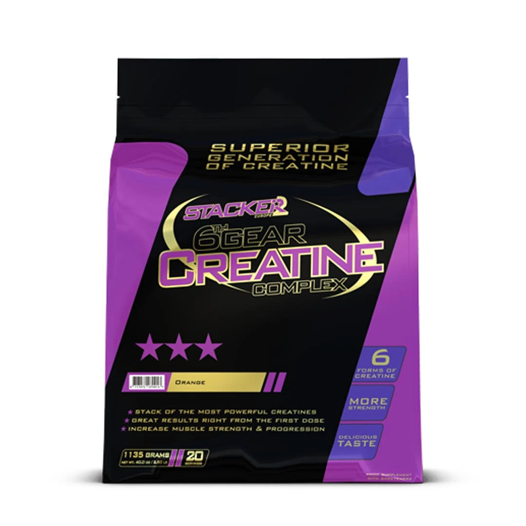 Stacker2 6Th Gear Creatine Lemon 1135 g -kreatiinijauhe violetti-mustassa pussissa keltaisilla yksityiskohdilla., kuva 1/2