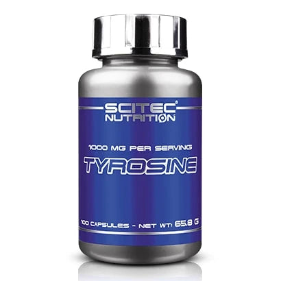 Scitec Nutrition Tyrosine 100 caps -ravintolisä hopeanvärisessä purkissa, jossa on sininen etiketti ja kiiltävä korkki., kuva 1/1