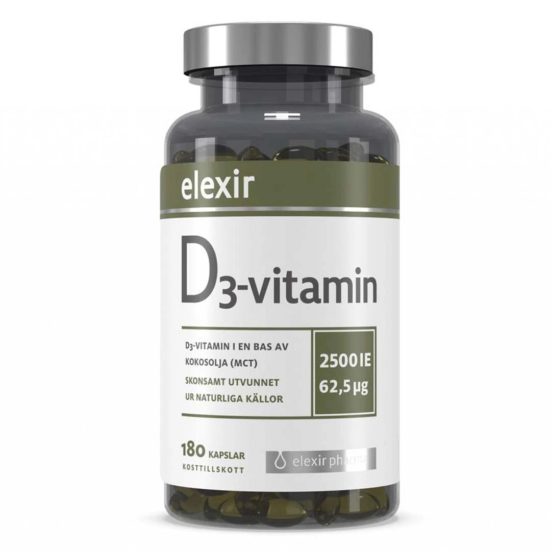 Elexir Pharma D3 Vitamin 2500IE 180 caps -ravintolisä tummassa purkissa hopeisella kannella ja valkoisella etiketillä., kuva 1/1