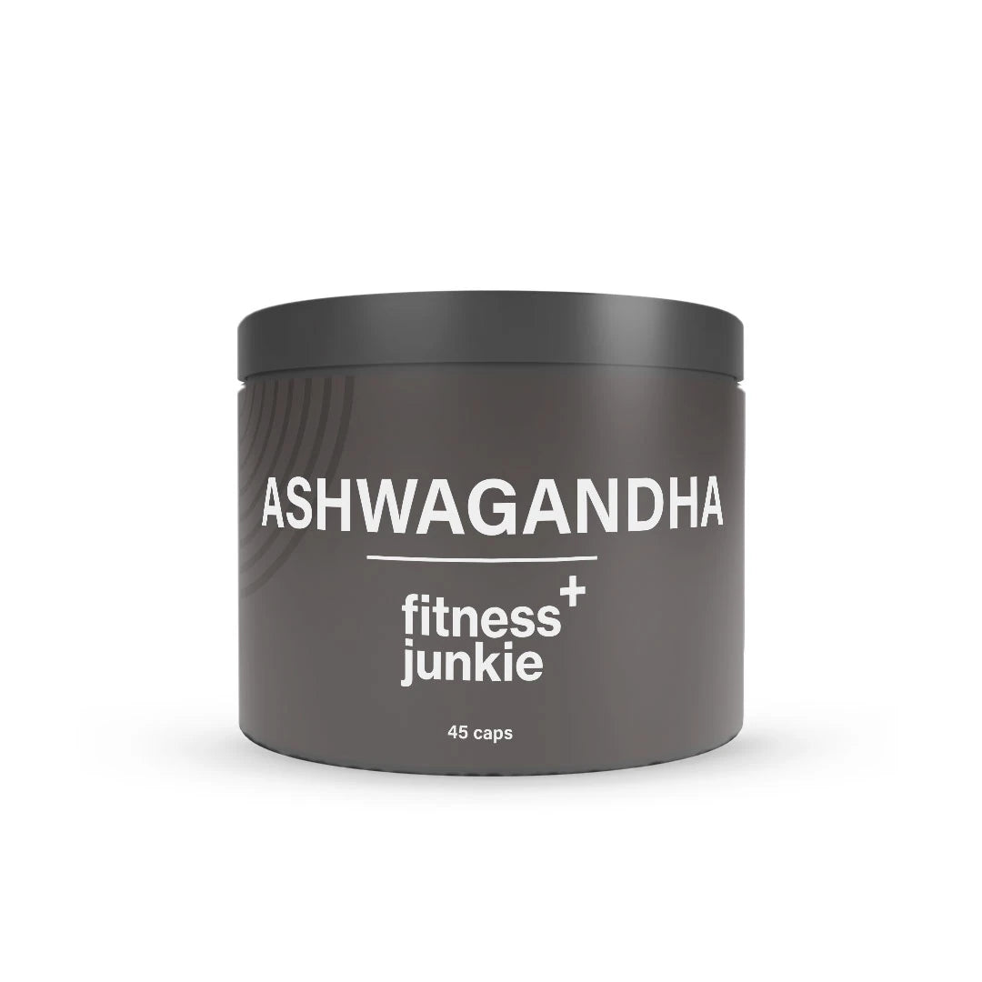 fitnessjunkie Ashwagandha 45 caps tyylikkäässä tummanharmaassa purkissa valkoisella tekstillä., kuva 1/1