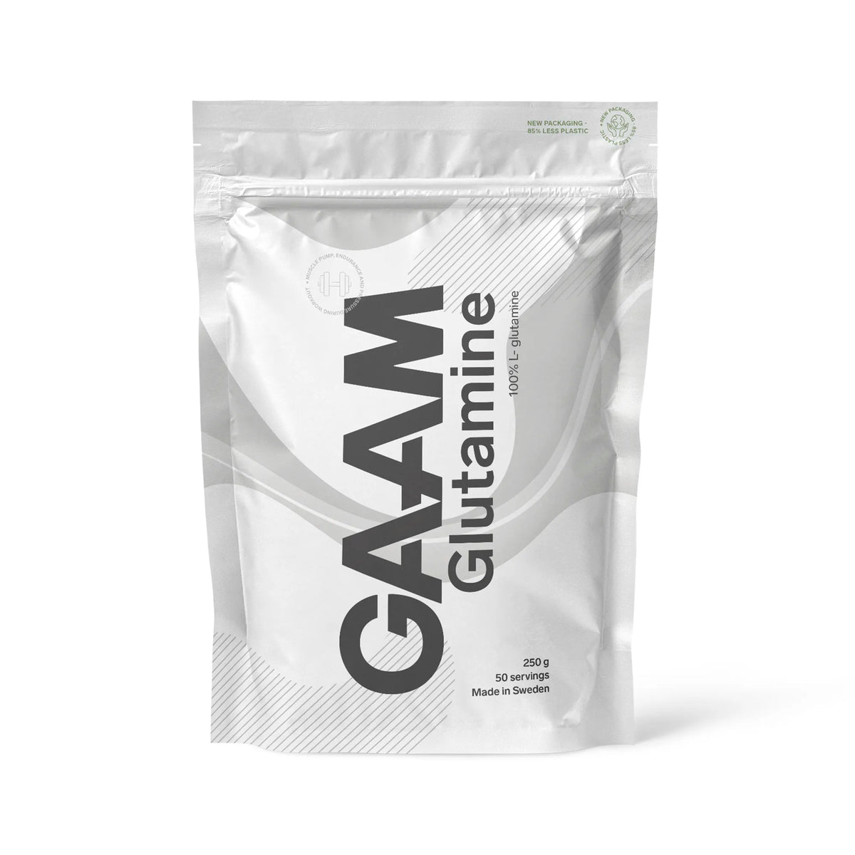 GAAM Glutamine 250 g puhdasta L-glutamiinijauhetta valkoisessa pussissa harmailla yksityiskohdilla., kuva 1/1
