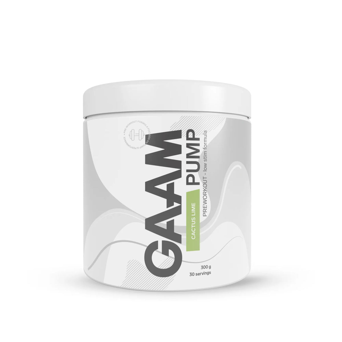 GAAM PUMP 300 g PWO valkoisessa purkissa harmailla kuvioilla ja vaaleanvihreillä yksityiskohdilla, makuna Cactus Lime., kuva 2/3