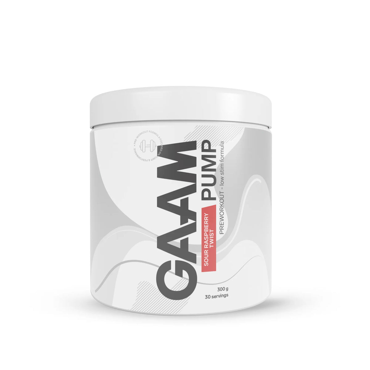 GAAM PUMP 300 g PWO-jauhe valko-harmaassa purkissa vaaleanpunaisilla yksityiskohdilla, makuna Sour Raspberry Twist., kuva 3/3