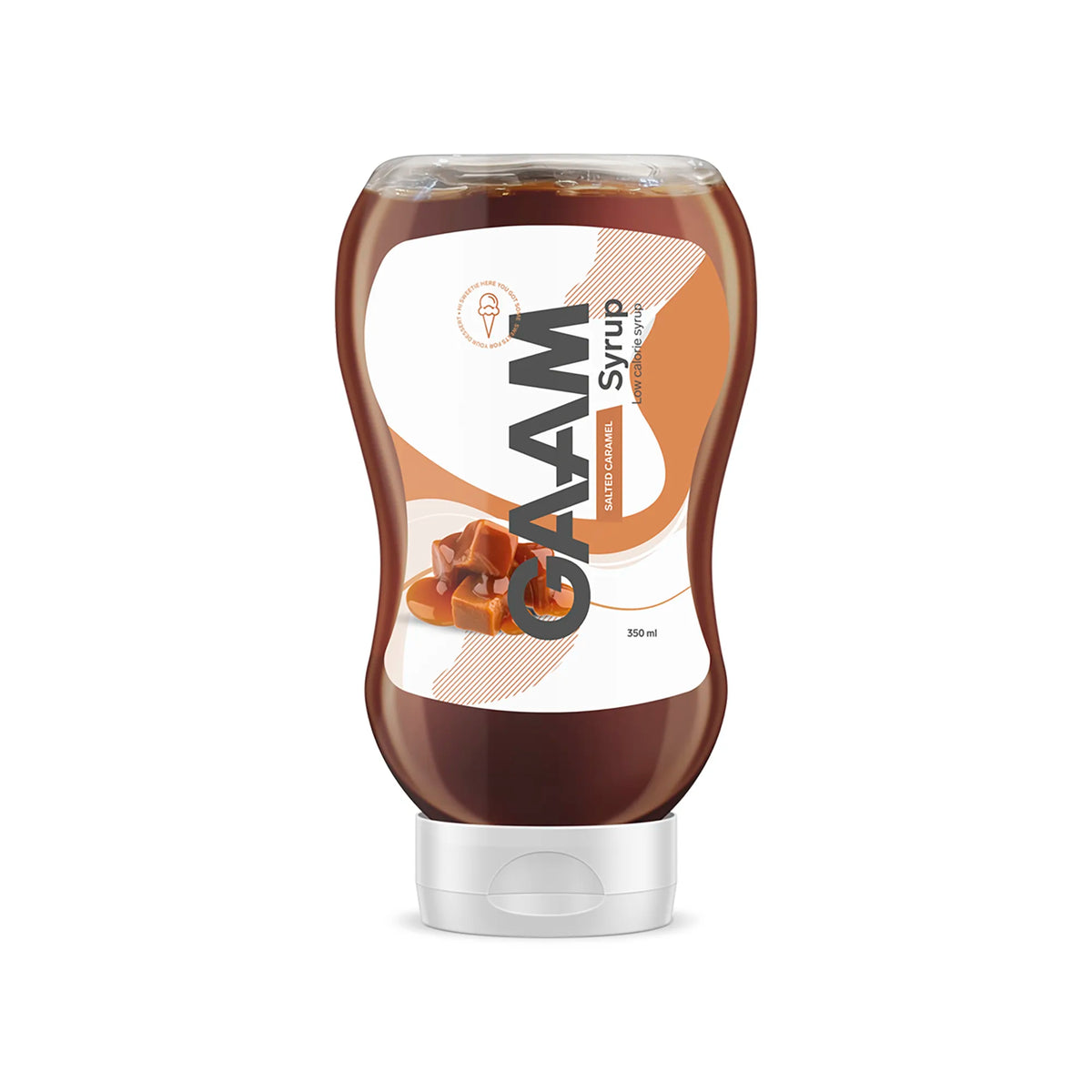 GAAM Syrup 350 ml läpinäkyvässä pullossa, jossa on valko-oranssi etiketti ja toffeepalojen kuva, makuna Salted Caramel., kuva 1/1