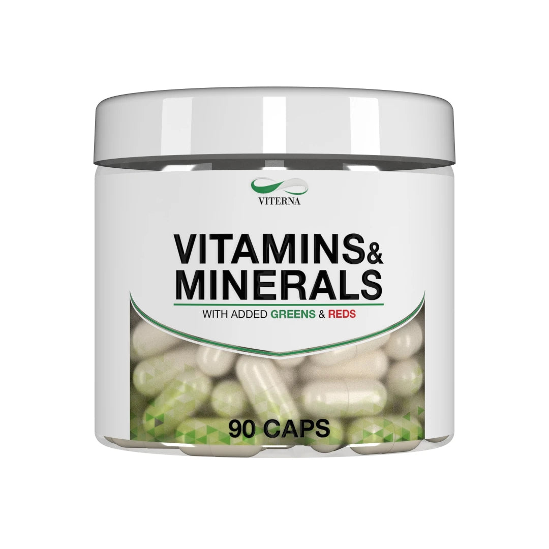 Valkoinen purkki Viterna Vitamins &amp; Minerals 90 caps -monivitamiinia näkyvillä kapseleilla., kuva 1/1